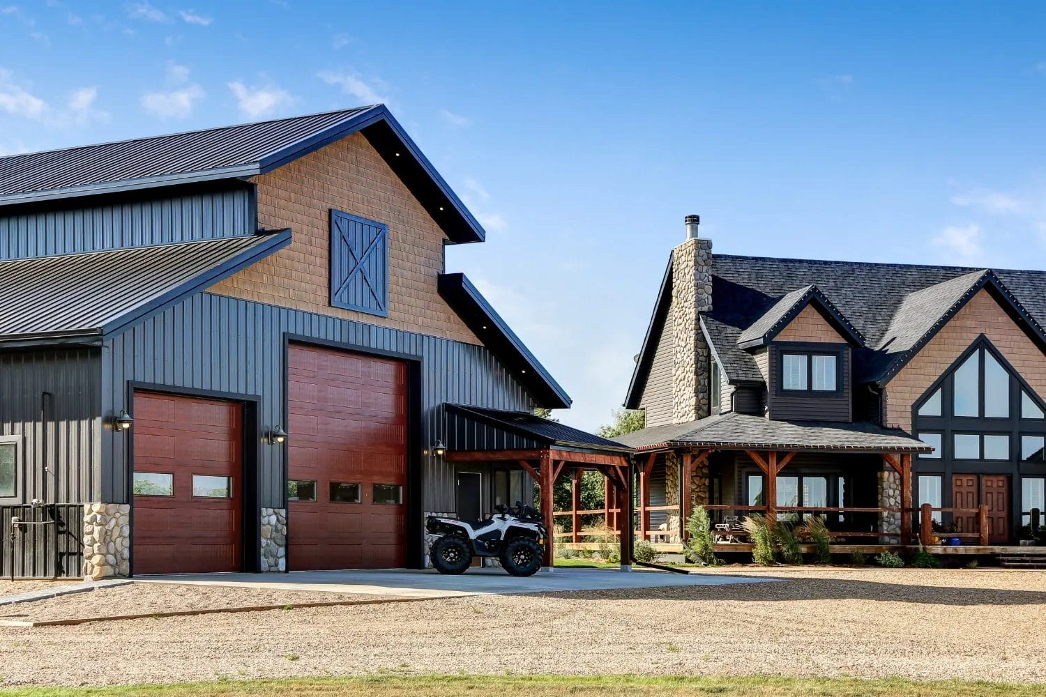 A monitor-style shop has been masterfully designed to match the home on a upscale agreage.