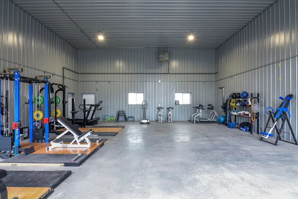 Commercial gym interior inside 40' x 60' shop building