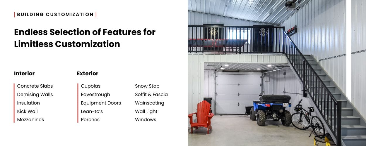 Interior of a finished post frame building showing mezzanine, garage door, and recreational space.