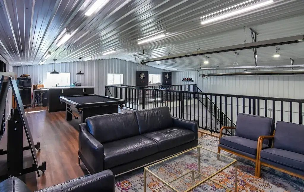 Recreation loft in a hobby shop includes kitchenette, tv viewing area, pool table, and other games