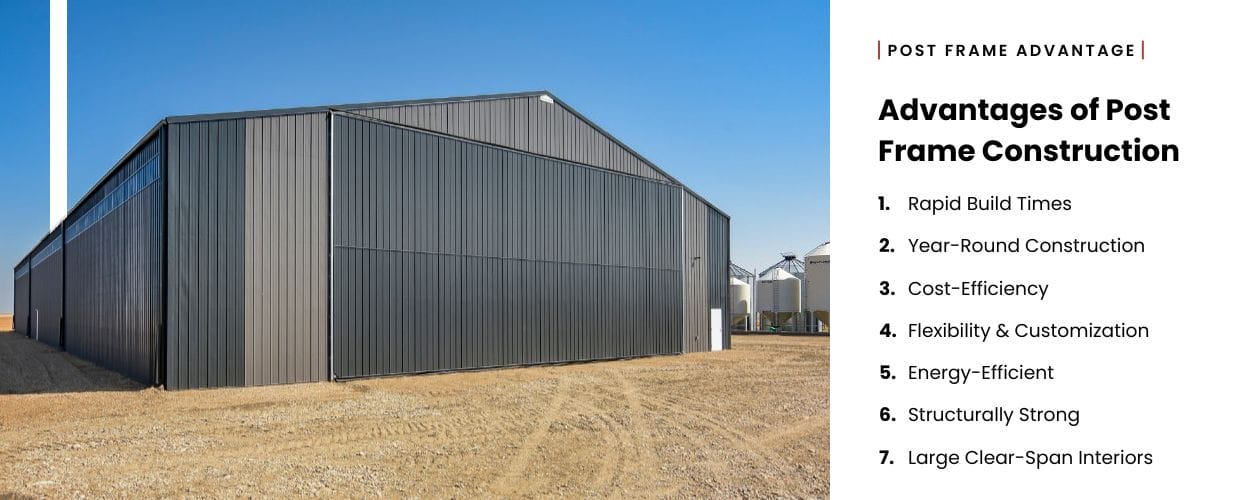 A brown and grey basic farm storage building with text that outlines the most important advantages of post frame buildings