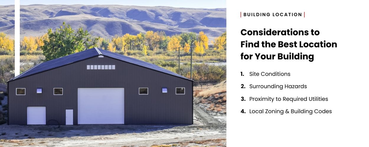 Dark steel post frame building situated in a scenic rural location with hills and trees in the background.