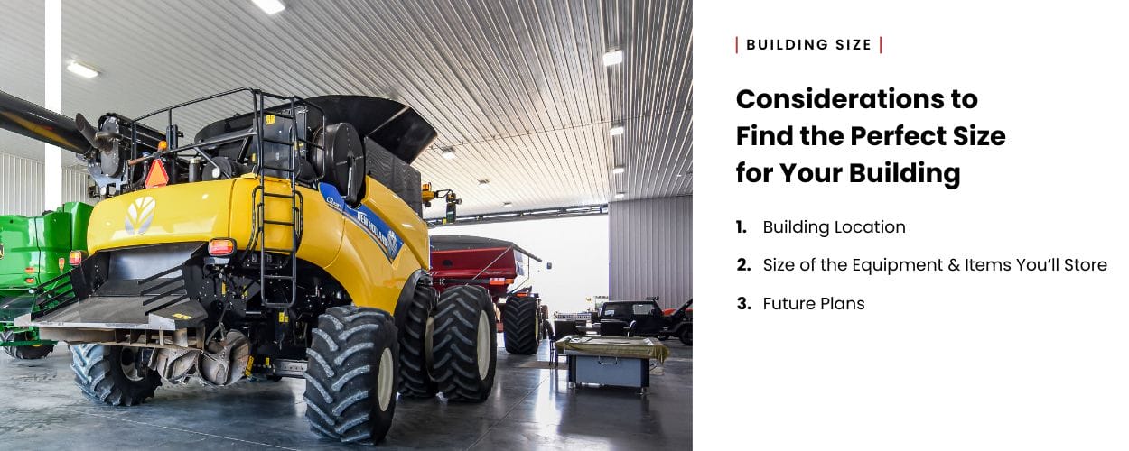 Large agricultural equipment inside a post frame building with high ceilings and wide-open floor space