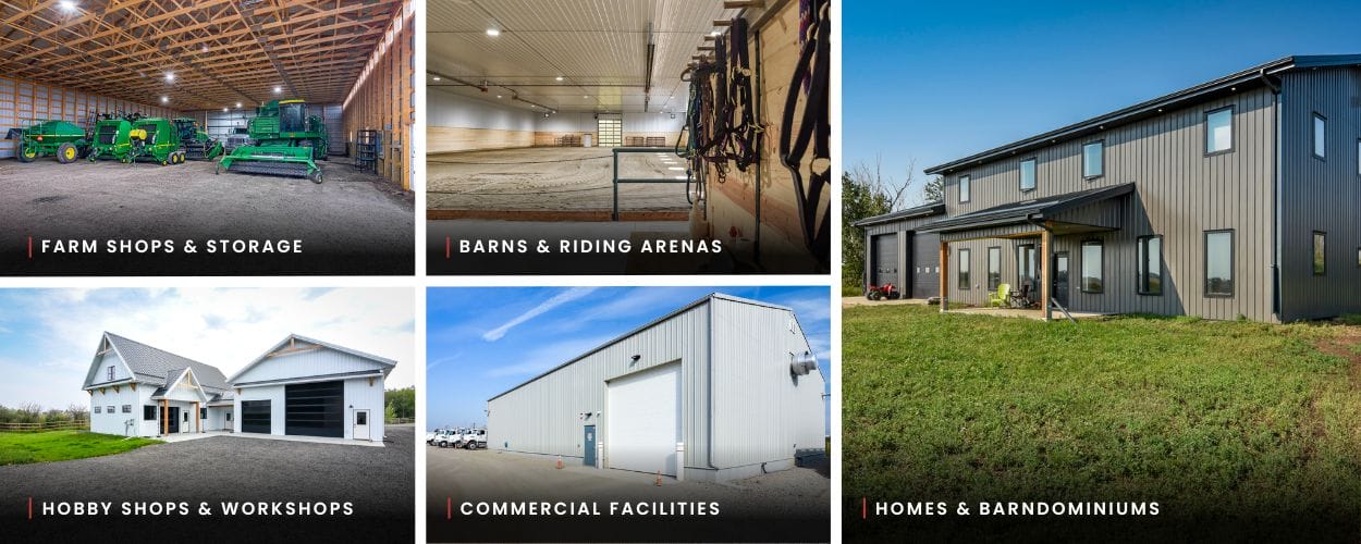 A collage showing common applications of post frame buildings, including, farms, acreages, equestrian, commercial, and residential buildings.