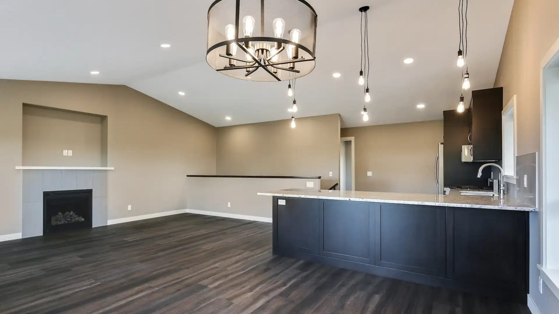 Open-concept shop home interior with a firepace