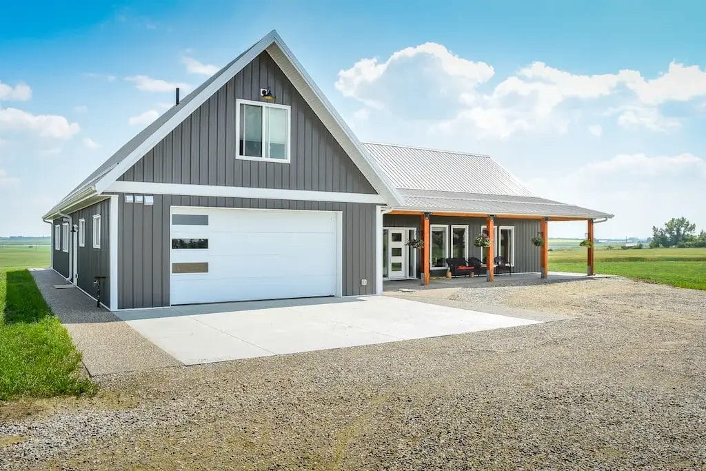 2 car garage attached to single floor barndominium home in Alberta