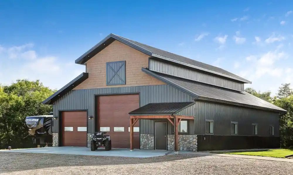 Highly detailed acreage building with features that show off customization potential of post frame construction